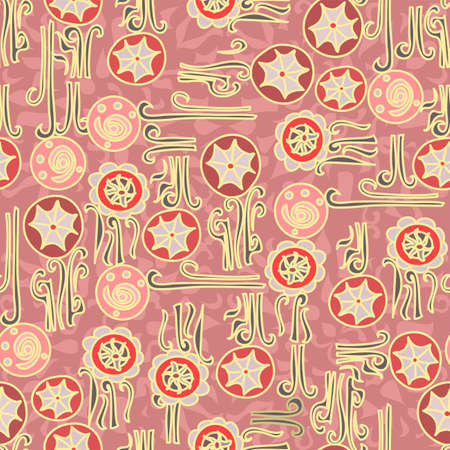 Seamless vector repeatable pink and gold pattern with sketchy doodle style flowers in a random, fun arrangement with decorative swirly stems and red flower headsのイラスト素材
