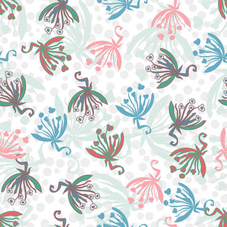Repeating spring flower multicolor vector pattern in pretty pink, blue, red and green scattered on a textured white backdropのイラスト素材