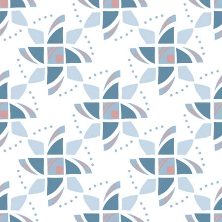 Sweet vector geometric windmill shaped seamless pattern in pale blue and pink shades on a white background in a continuous symmetrical arrangementのイラスト素材