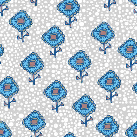 Fun vector repeat floral pattern with cute blue flowers arranged evenly on a grey and white polka dot backdropのイラスト素材