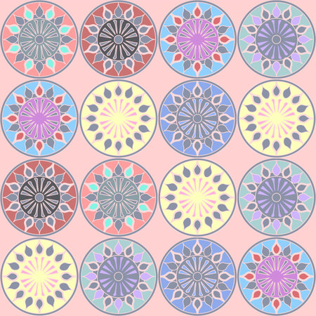Vector repeating abstract art pattern with highly decorative circular shapes in multicolor pastel shades on a pale pinkのイラスト素材
