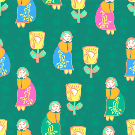 Cute repeating vector seamless little girls pattern with giant flowers in pastel multicolor on a jade green polka dot backdropのイラスト素材