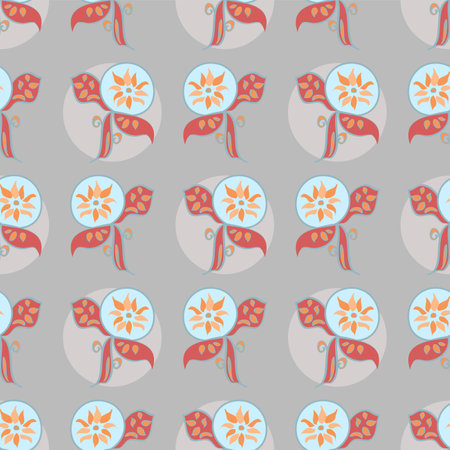 sweet floral symmetrically arranged floral vector repeat pattern in grey and pink with geometric shapesのイラスト素材