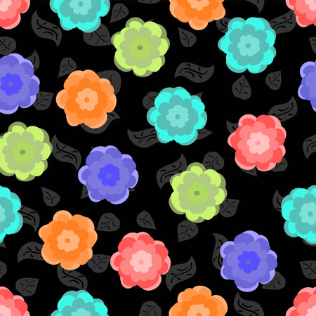 Seamless vector repeatable bright multicolor floral pattern on a black background with grey leavesのイラスト素材