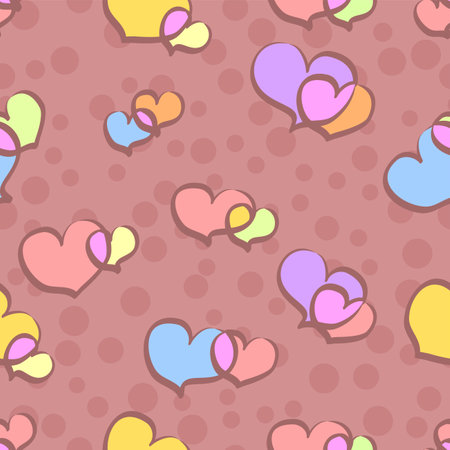 Cute double heart vector repeat pattern in pastel multicolor on a dusky pink background with polka dotsのイラスト素材