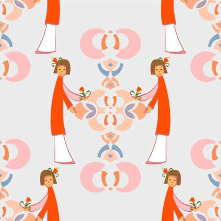Cute Girl Vector Seamless Repeat Pattern With Geometric Shapes Backdrop in orange and pinkのイラスト素材