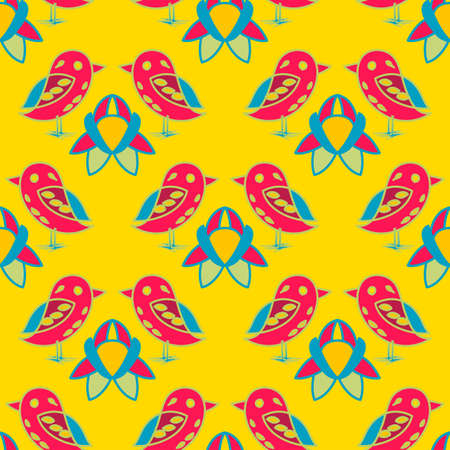 Brightly Colored Cute Birds Vector Repeat Pattern In Yellow And Redのイラスト素材