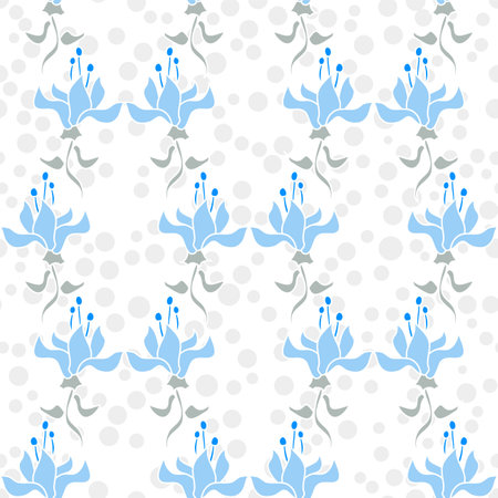 Delicate vector seamless floral pattern in baby blue and grey on a white backdrop with decorative dotsのイラスト素材