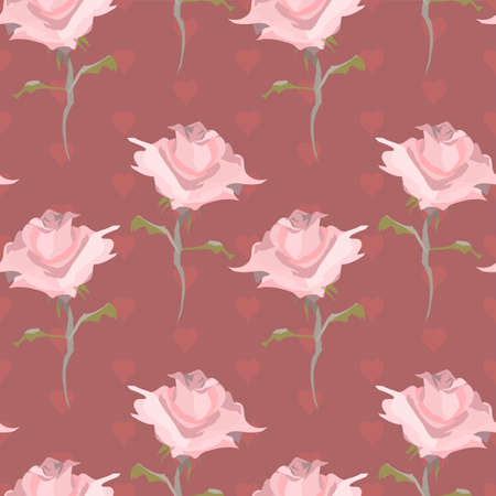 Beautiful classic pink rose vector repeat seamless pattern with a red heart decorated backdropのイラスト素材
