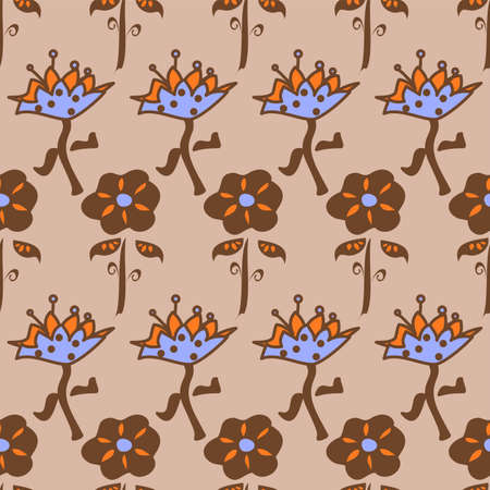 Earth tone brown and beige floral vector pattern with lilac flowersのイラスト素材