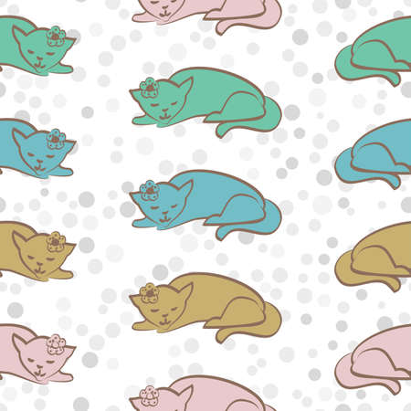 Sleeping multicolor felines vector seamless pattern in blue, green, beige and pink on a white dotted backgroundのイラスト素材