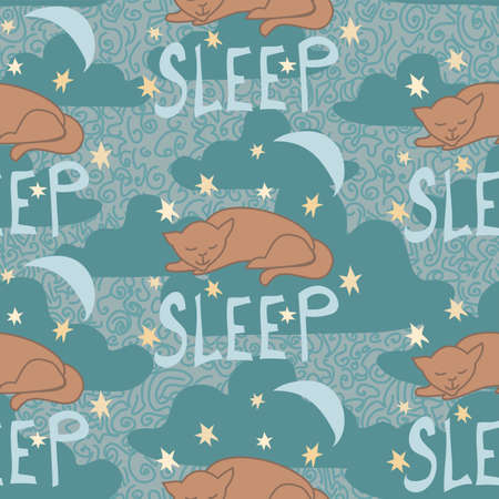 Text reading sleep with napping cats on a backdrop of moon and stars vector repeatable seamless patternのイラスト素材