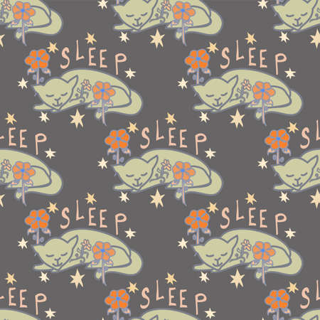 Sleeping curled up sand colored cats vector repeatable seamless pattern with orange flowers on a chocolate brown backgroundのイラスト素材