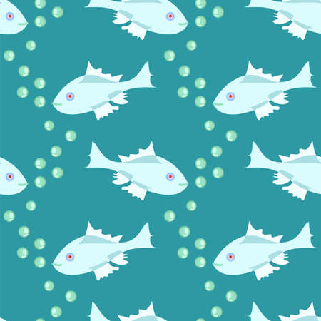 Underwater fish scene vector seamless repeatable pattern in silver and teal green with water bubblesのイラスト素材