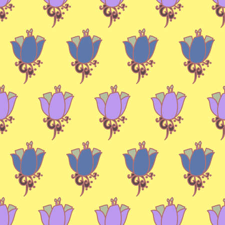 cute and ornate flower art arranged in rows vector seamless repeat pattern in lilac and blue on a yellow backgroundのイラスト素材