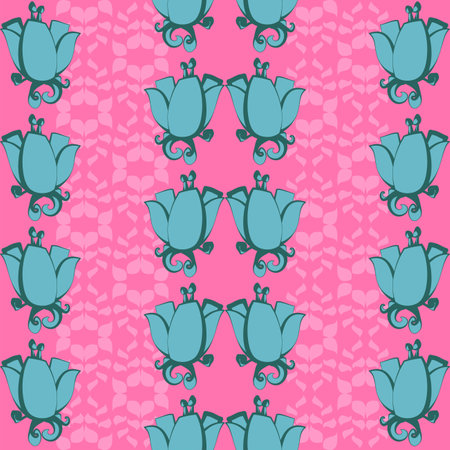 Aqua green and neon pink vector repeat flower art pattern with lace effect columnsのイラスト素材