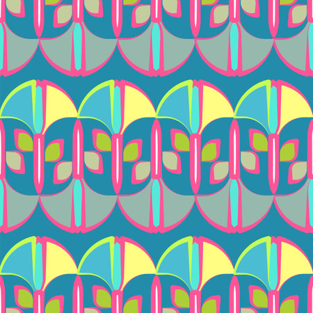 Brightly colored vector seamless repeat pattern with graphic flower art in pink, blue and yellowのイラスト素材