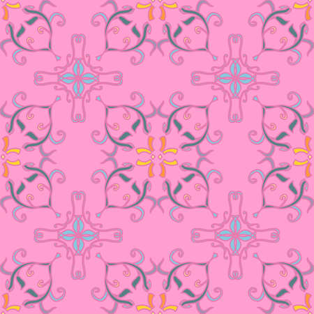 Curved decorative shapes vector repeat pattern in pale blue and pinkのイラスト素材