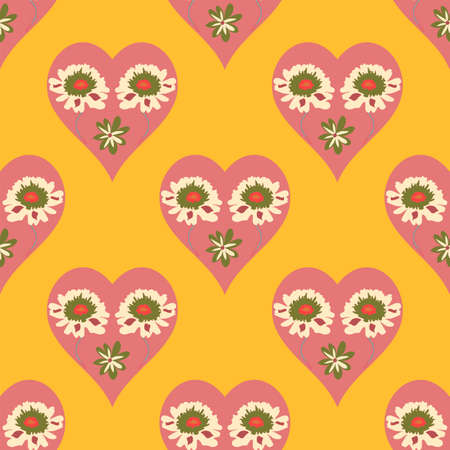 pink flowers in a mustard yellow background vector seamless repeat pattern with decorative white flowersのイラスト素材