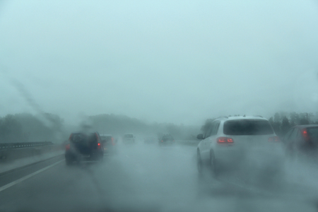 traffic on the freeway a rainy dayの写真素材