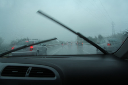 traffic on the freeway a rainy dayの写真素材