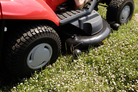 mower with some flowers in frontの写真素材