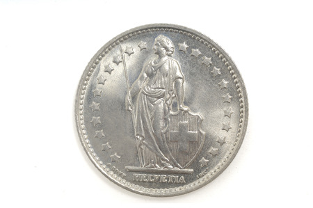 Swiss Franc coin isolated on whiteの写真素材