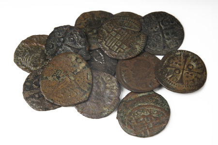 Lot of coins, money seventeenth century Barcelona, Spainの写真素材