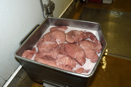 Meat industry, after injecting brine into the meat  (ham)の写真素材