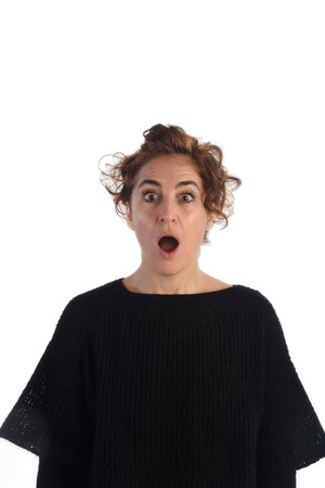 surprised woman with white backgroundの写真素材