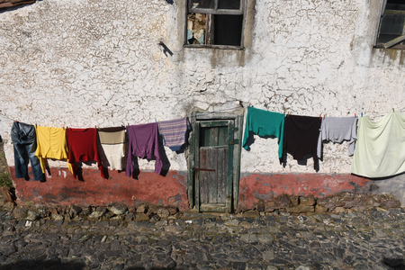 Clothes hanging inside the fortress of Braganca, Tras os Montes,Portugalの写真素材