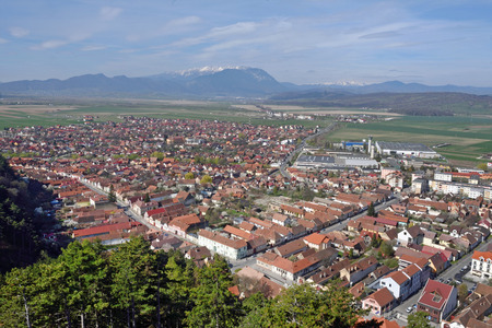 View of the city of Rasnow from the Fortress, Transylvania, Romaniaの写真素材