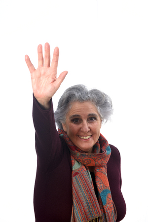 woman greeting coon a white backgroundの写真素材
