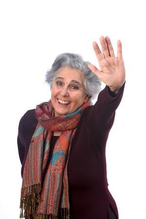 woman greeting coon a white backgroundの写真素材