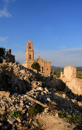 Sant Pere Church in Poble Vell de Corbera de Ebro, Tarragona province, Catalonia, Spain (damaged in the Spanish Civil War1936-1939)の写真素材