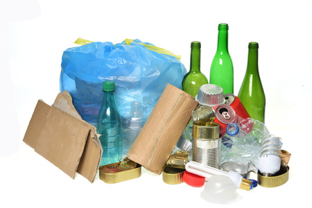 trash for recycling with paper glass bottles, cans, plastic bottle, light bulbの写真素材
