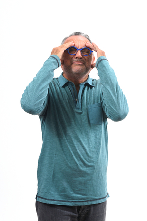 man with headache on white backgroundの写真素材