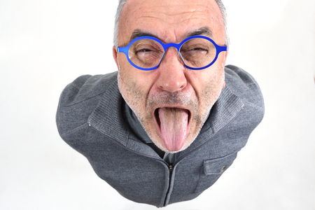 man making mockery on whiteの写真素材