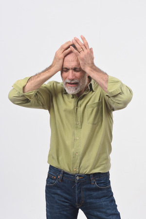 man with headache on white backgroundの写真素材