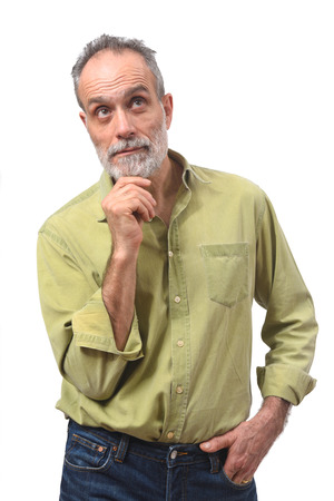 man having a doubt or question on white backgroundの写真素材