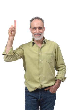 senior man with finger in the shape of numberの写真素材