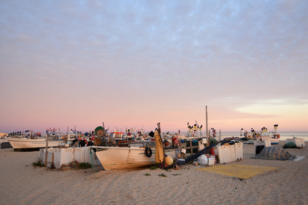 fishing boats on the beach of Monte Gordo, Algarve, Portugalの写真素材
