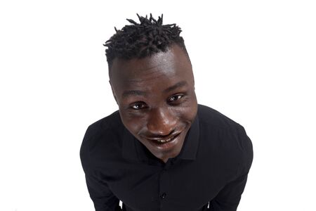 top view portrait of a african man on  white, smilingの写真素材