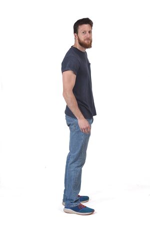 full portrait of man of profile, looking at camera on whiteの写真素材