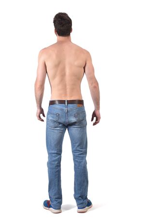 back view of a shirtless man on whiteの写真素材