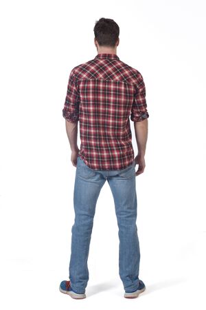 full portrait of a man with plaid shirt on white backgroundの写真素材