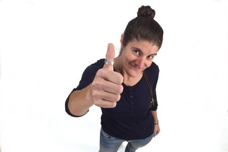 woman with thumb up on whiteの写真素材