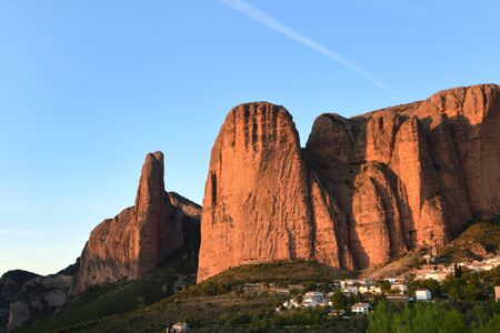Sunset in the Mallos de Riglos, Huesca province, Aragon, Spainの写真素材