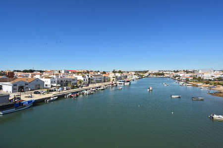 view of Tavira from the bridge dos Descobrimentos, Gilao river, Portugalのeditorial素材