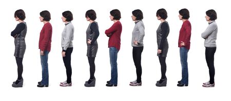 large group of photos of a woman with different clothing on white backgroundの写真素材